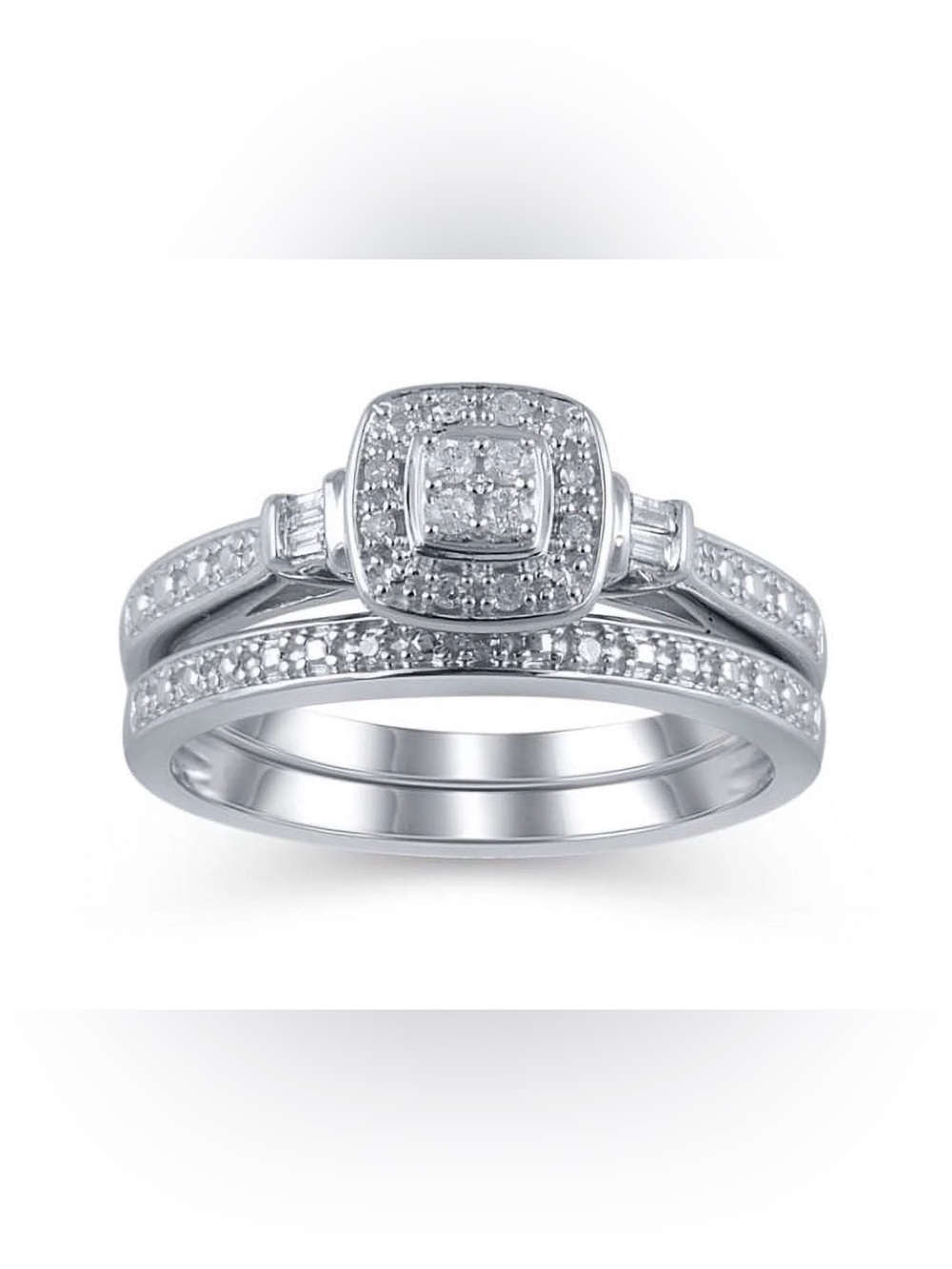 1/10 CTW Diamond Cushion Bridal Set 925 Sterling Silver Size 7